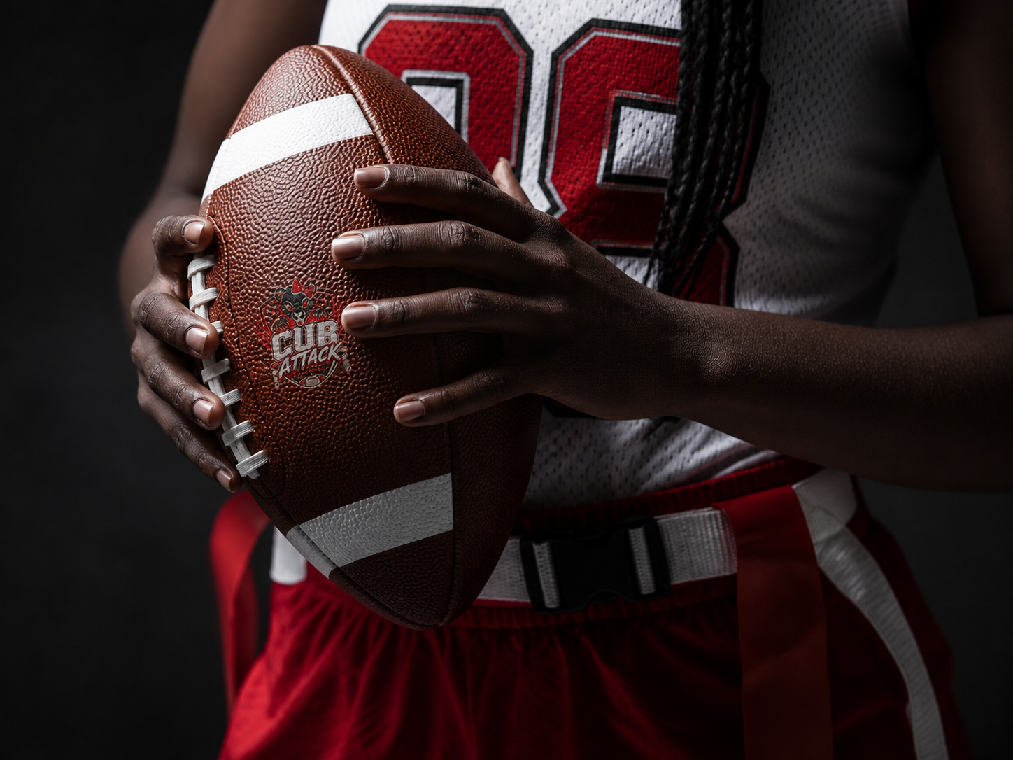 Young female flag football athlete gripping a football