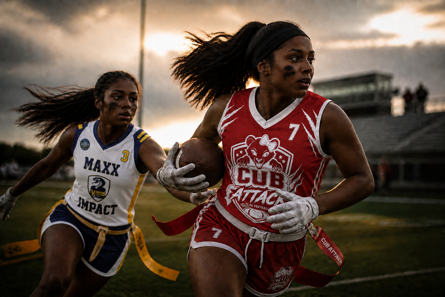 Girls flag football athletes competing at Cub Attack in Charlotte, North Carolina